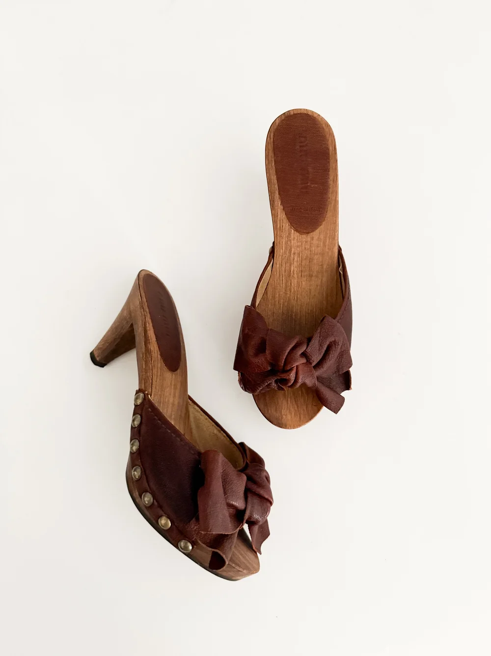 Miu Miu Vintage Brown Leather Wooden Clog Sandal Heels (IT 36